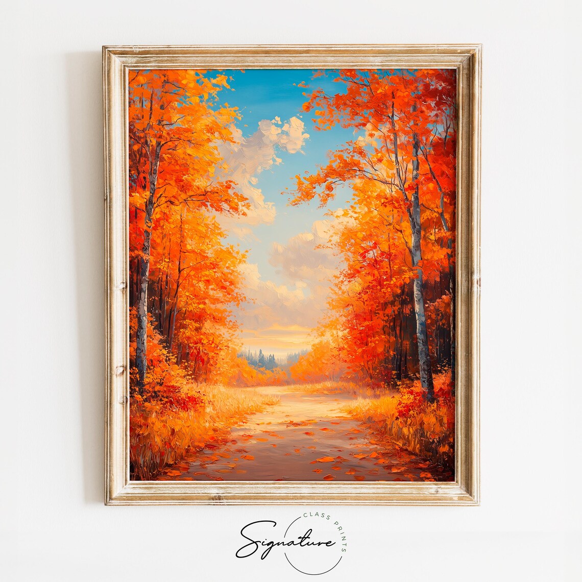 Autumn Birch Road Fiery Foliage Blue Sky Country Drive Poster