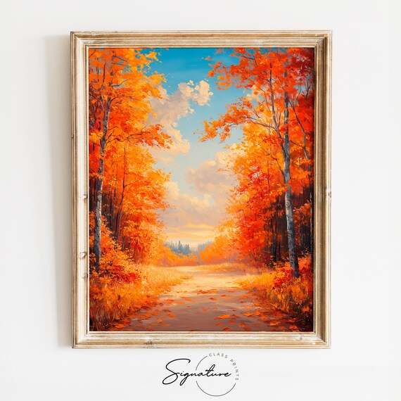 Autumn Birch Road Fiery Foliage Blue Sky Country Drive Poster