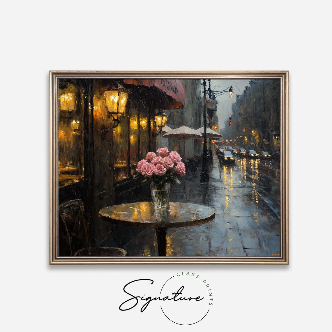 Rainy Night City Cafe Glowing Lanterns Wet Street Roses Oil Painting - Image 2