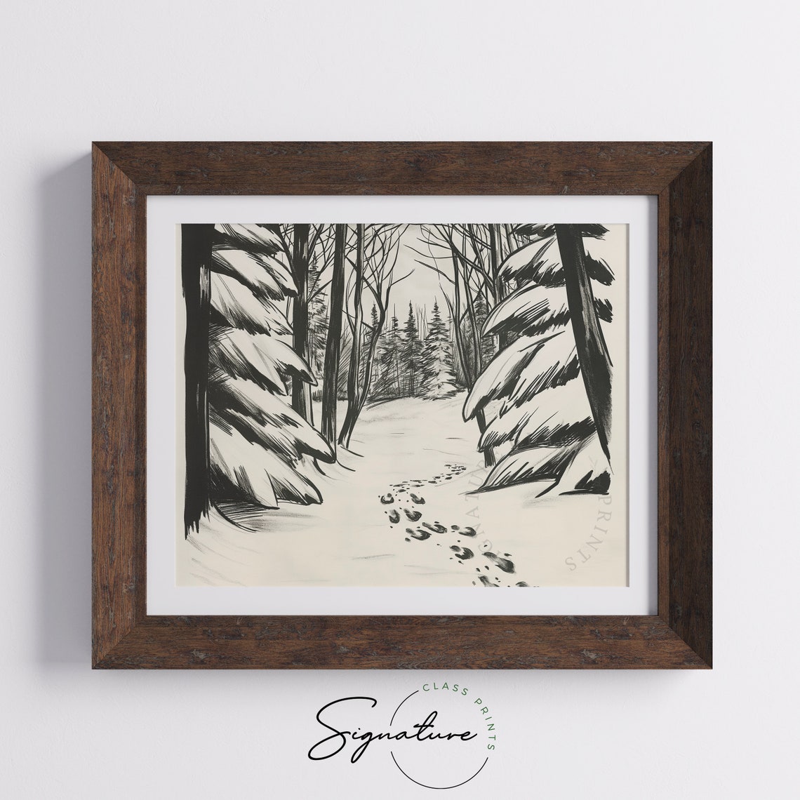 Snowy Path Through Winter Wood With Footprints Sketch Poster - Image 5