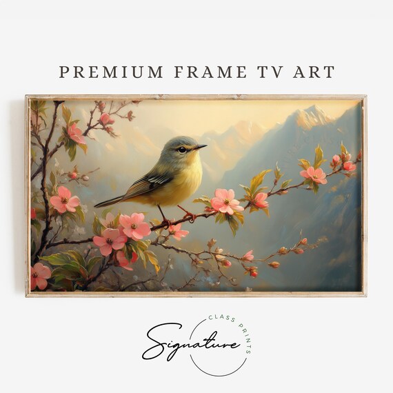 Kinglet Bird Blossom Branch Pink Flowers Mountain Backdrop Spring Poster
