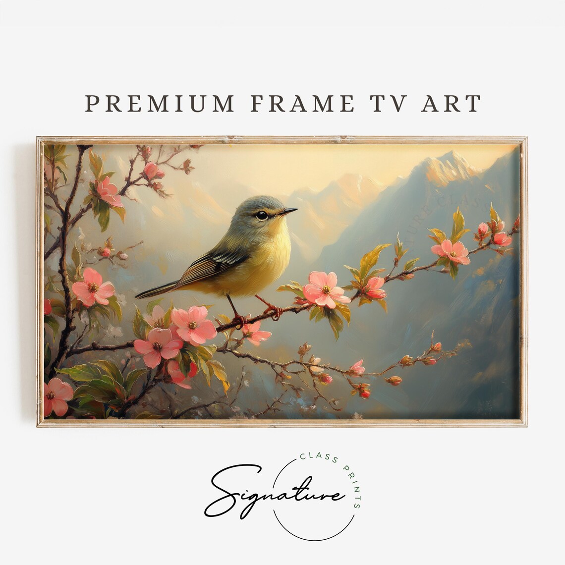 Kinglet Bird Blossom Branch Pink Flowers Mountain Backdrop Spring Poster