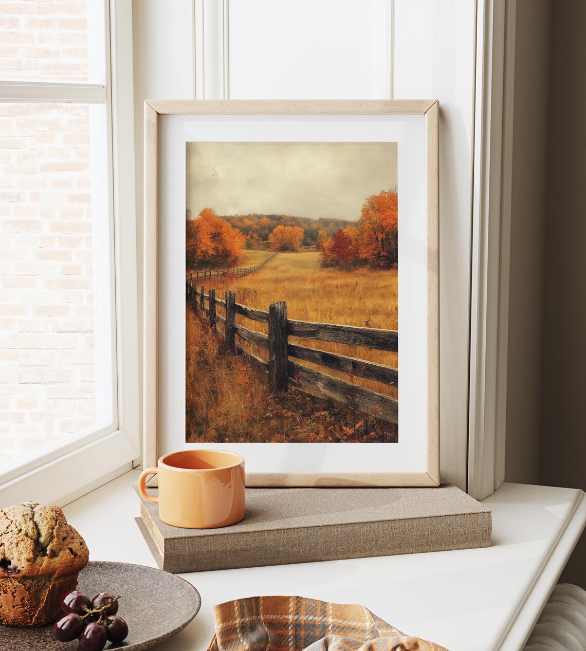 Wooden Fence Leading Through Golden Meadow to Autumn Trees Poster - Image 6