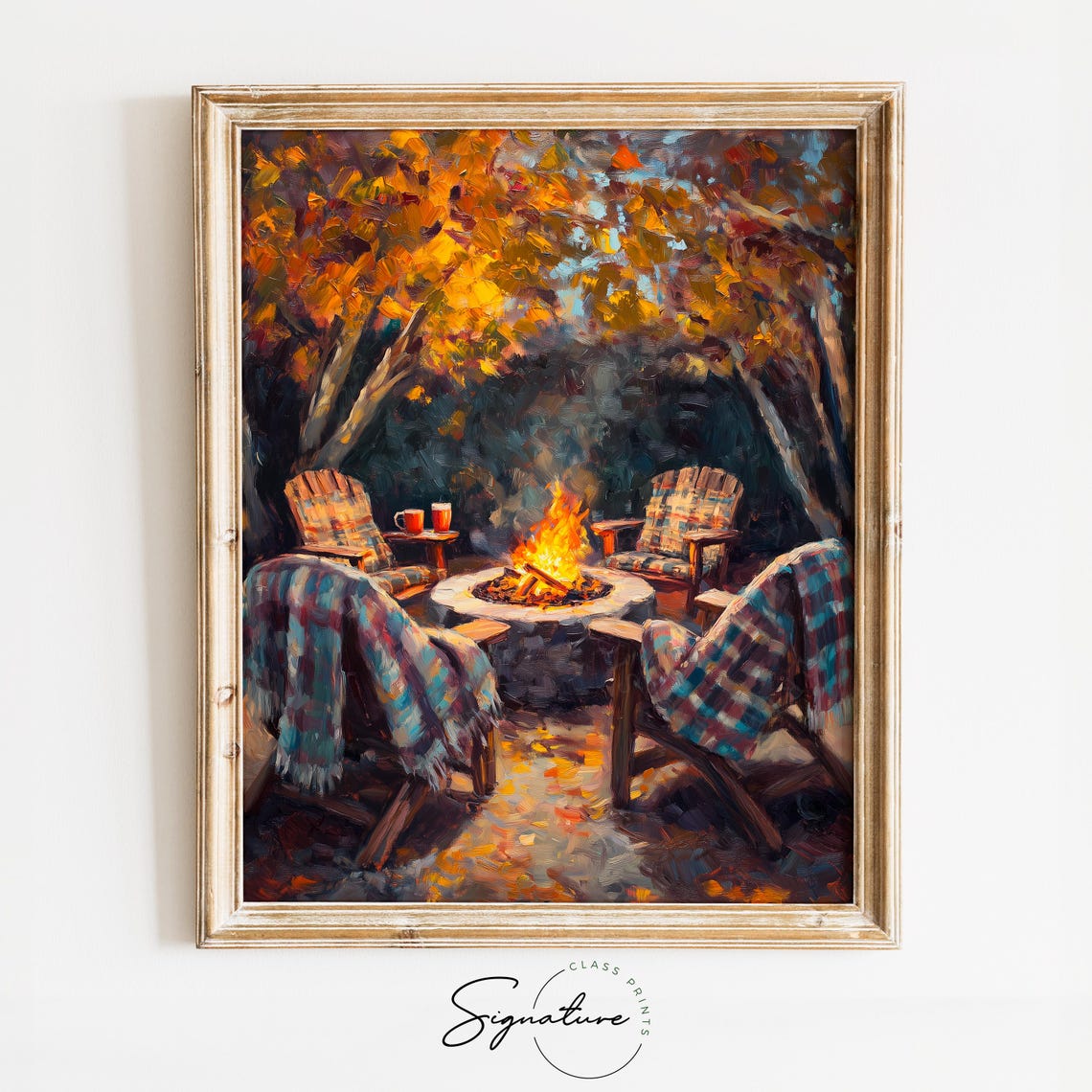 Autumn Campfire with Adirondack Chairs Plaid Blankets and Mugs Poster