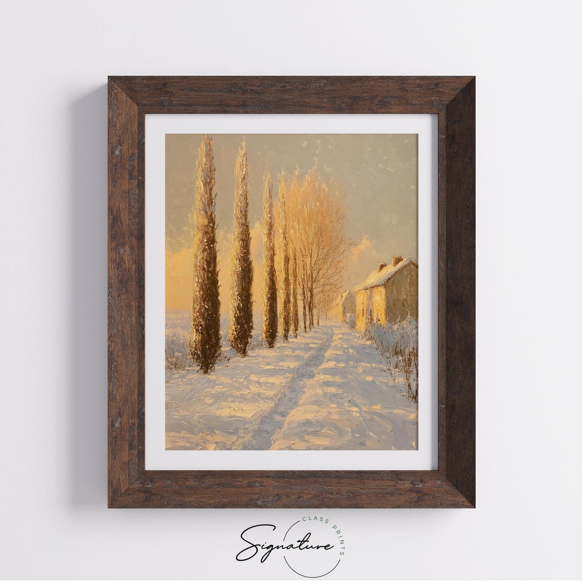 Golden Cypress Lined Snowy Path Winter Countryside Scene Poster - Image 3