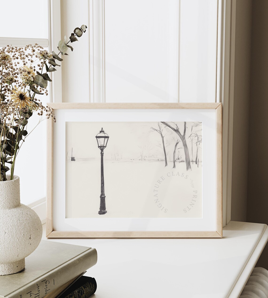 Vintage Streetlamp In Snowy Park Ink Sketch Minimalist Winter Wall Art - Image 6
