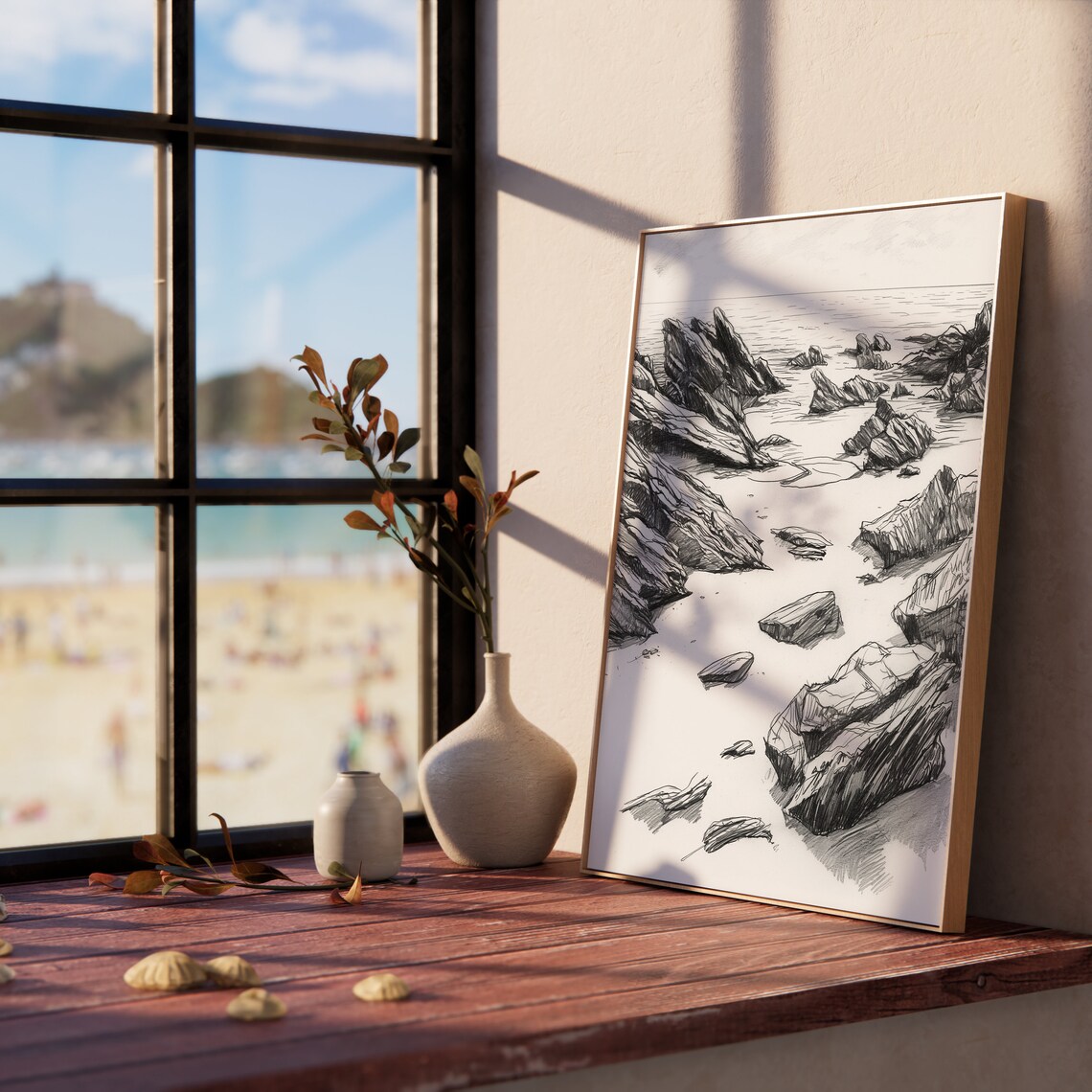 Rocky Shoreline At Low Tide Monochrome Coastal Sketch Ocean Poster - Image 5
