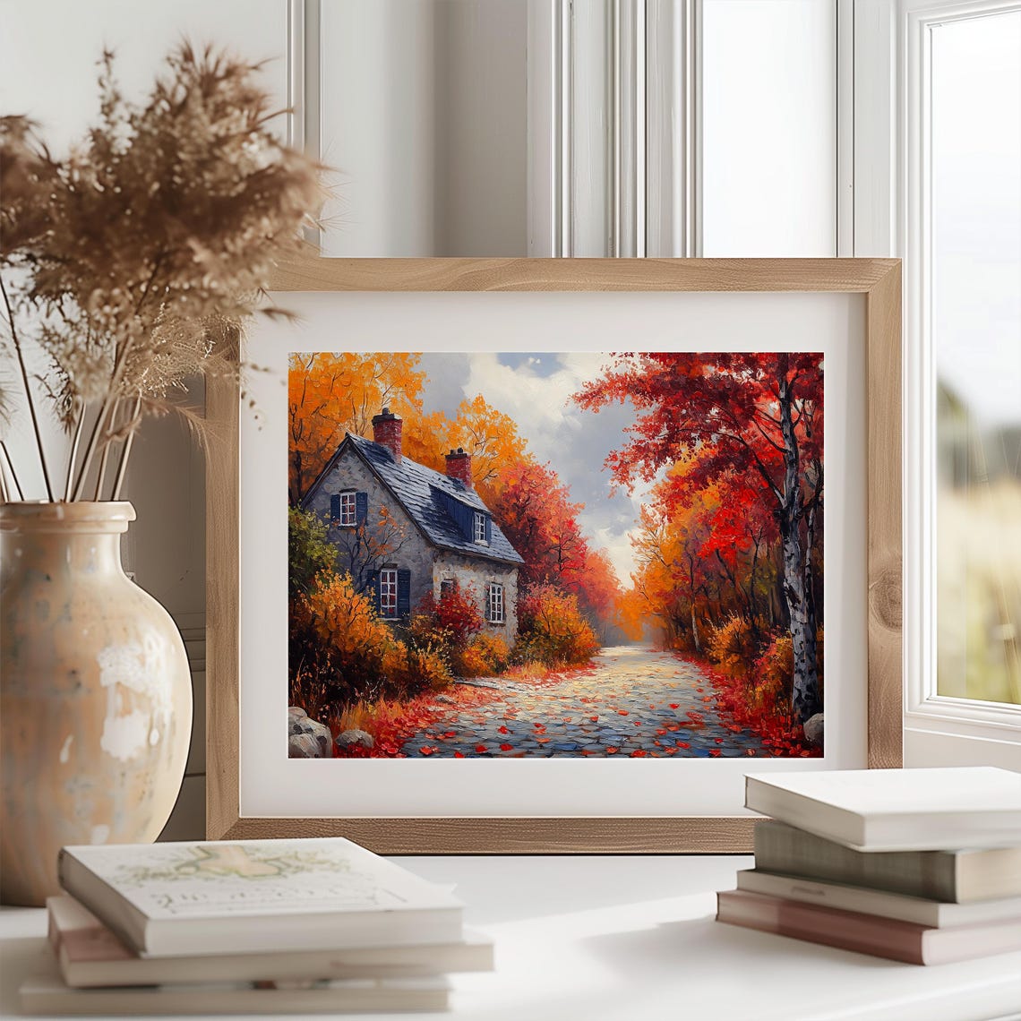 Autumn Stone Cottage Cobblestone Lane Red Maple Trees Fall Wall Art - Image 2