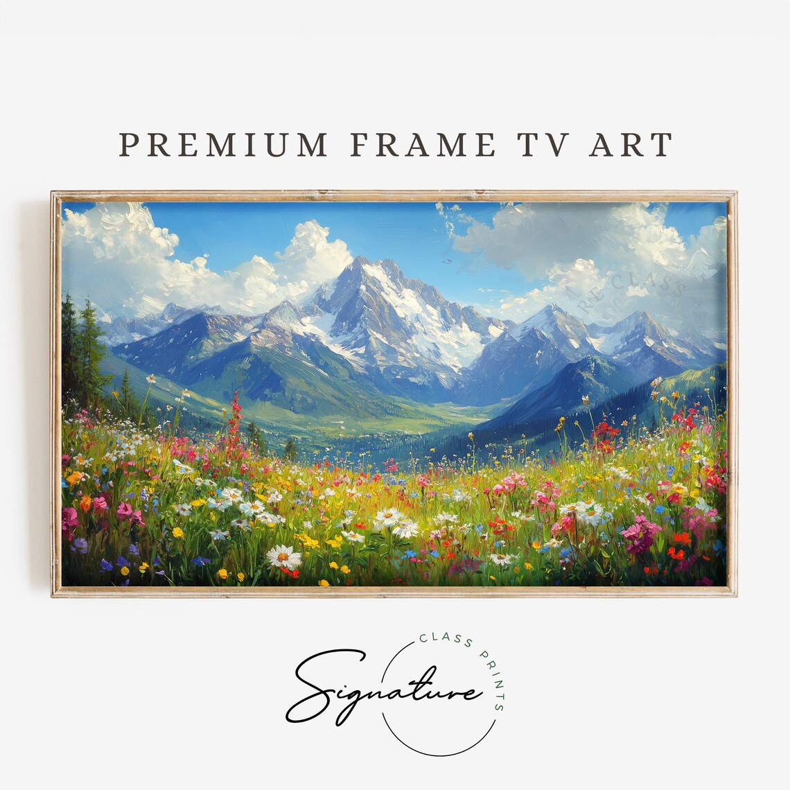 Alpine Wildflower Meadow Colorful Blooms Snow Peaks Landscape Wall Art