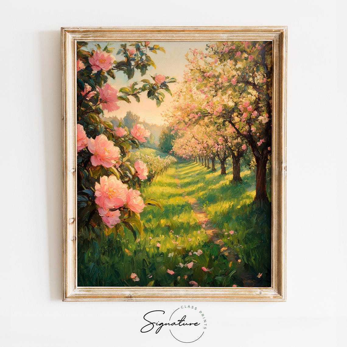 Romantic Orchard With Flowering Pink Trees Sunlit Spring Path Poster