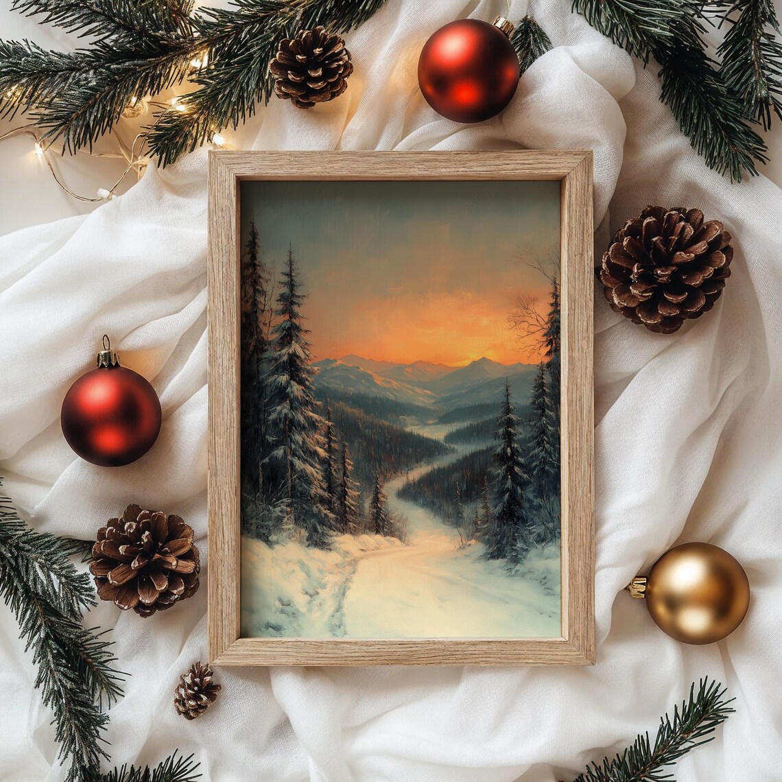 Snowy Mountain Forest Sunset Winter Landscape Oil Painting Print - Image 4