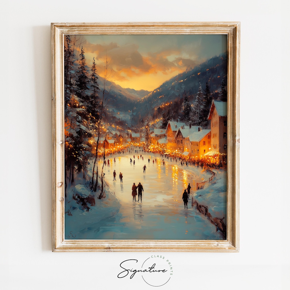 Frozen Lake at Sunset with Ice Skaters in Snowy Village Scene Poster