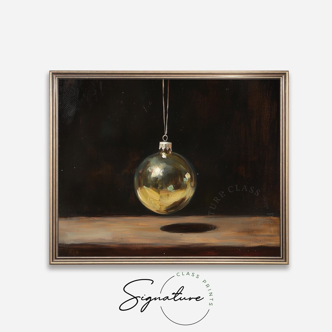 Single Gold Christmas Ornament Hanging Against Dark Background Poster - Image 4