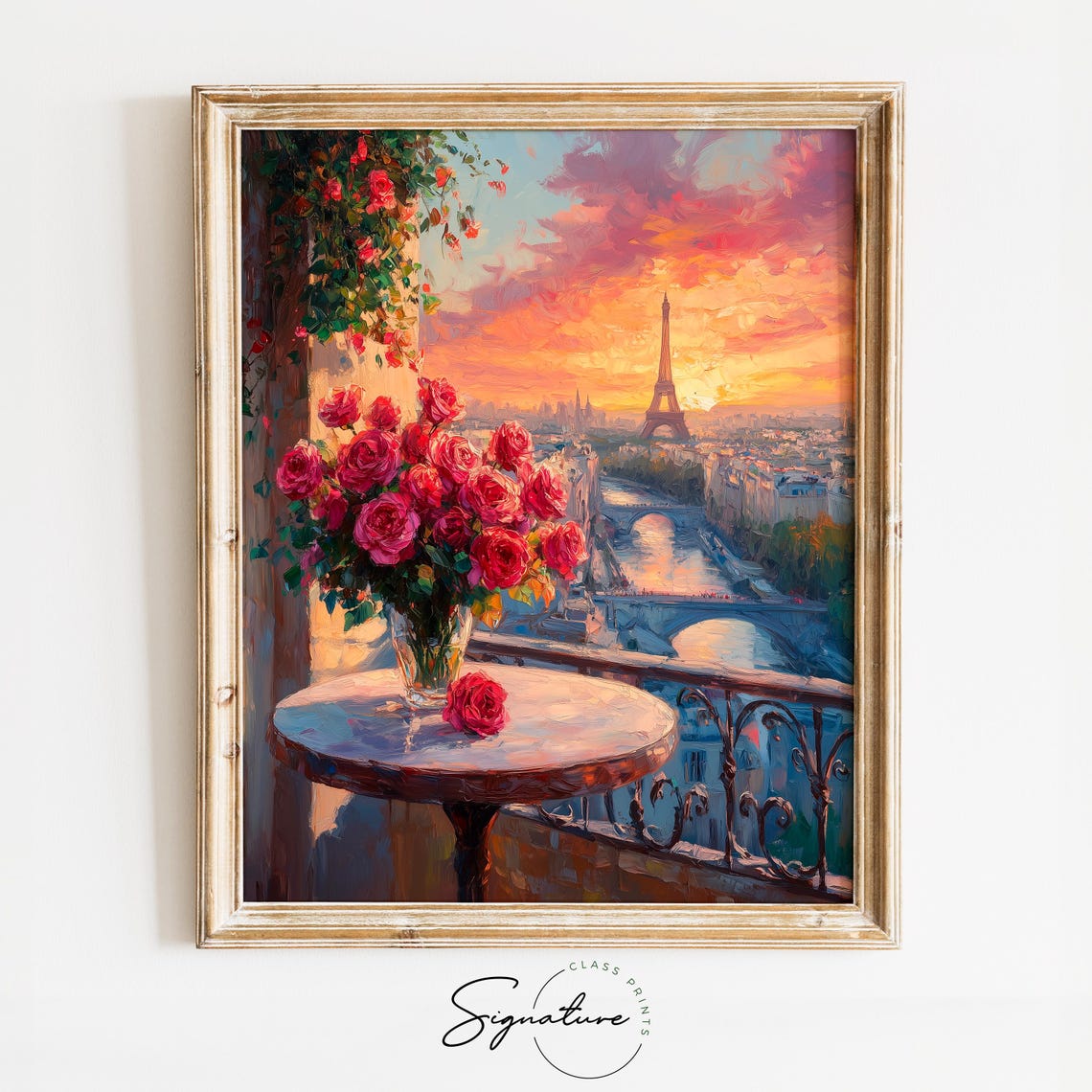 Paris Balcony Roses Eiffel Tower Sunset Seine View Romantic Art Poster