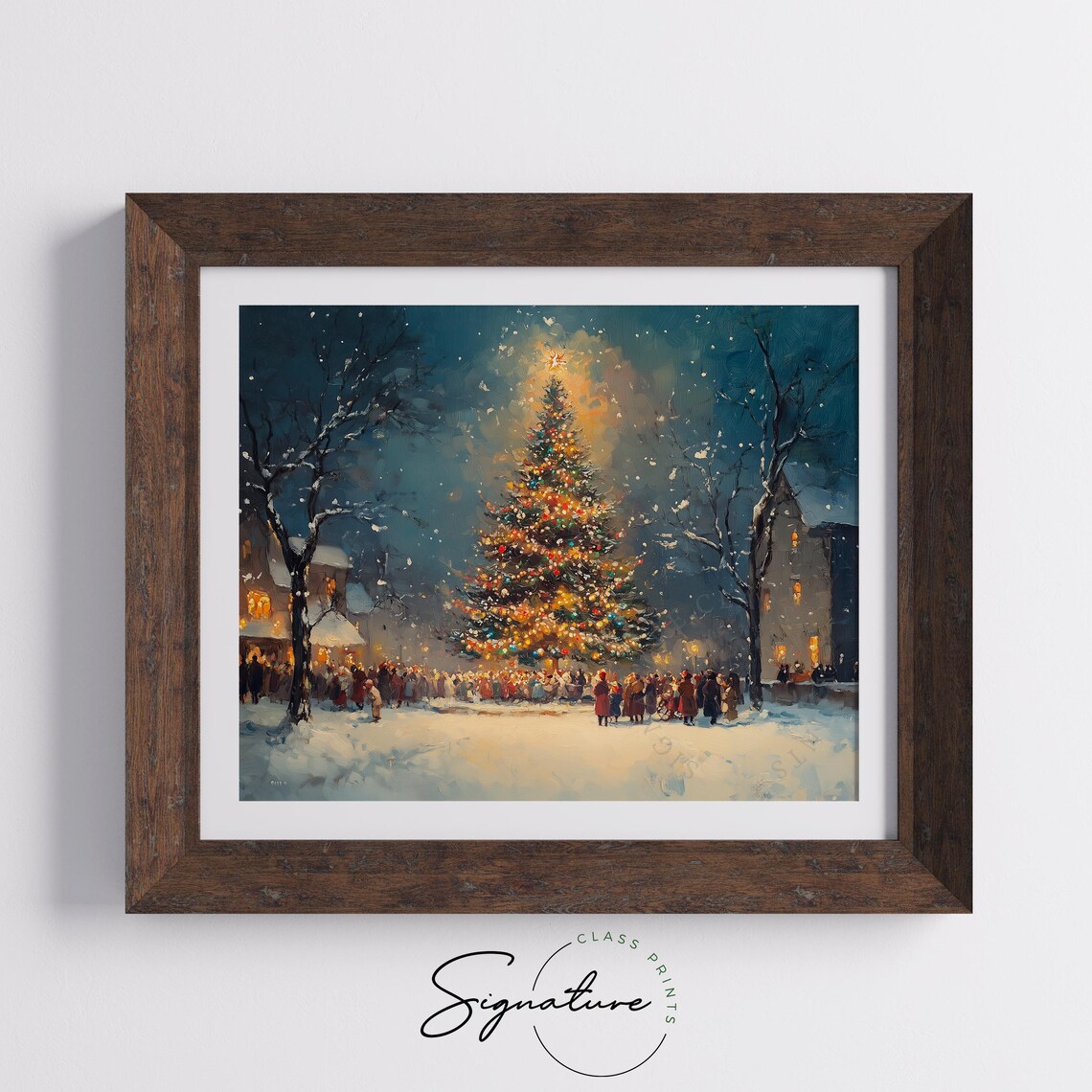 Glowing Christmas Tree in Snowy Night Town Square Winter Scene Poster - Image 5