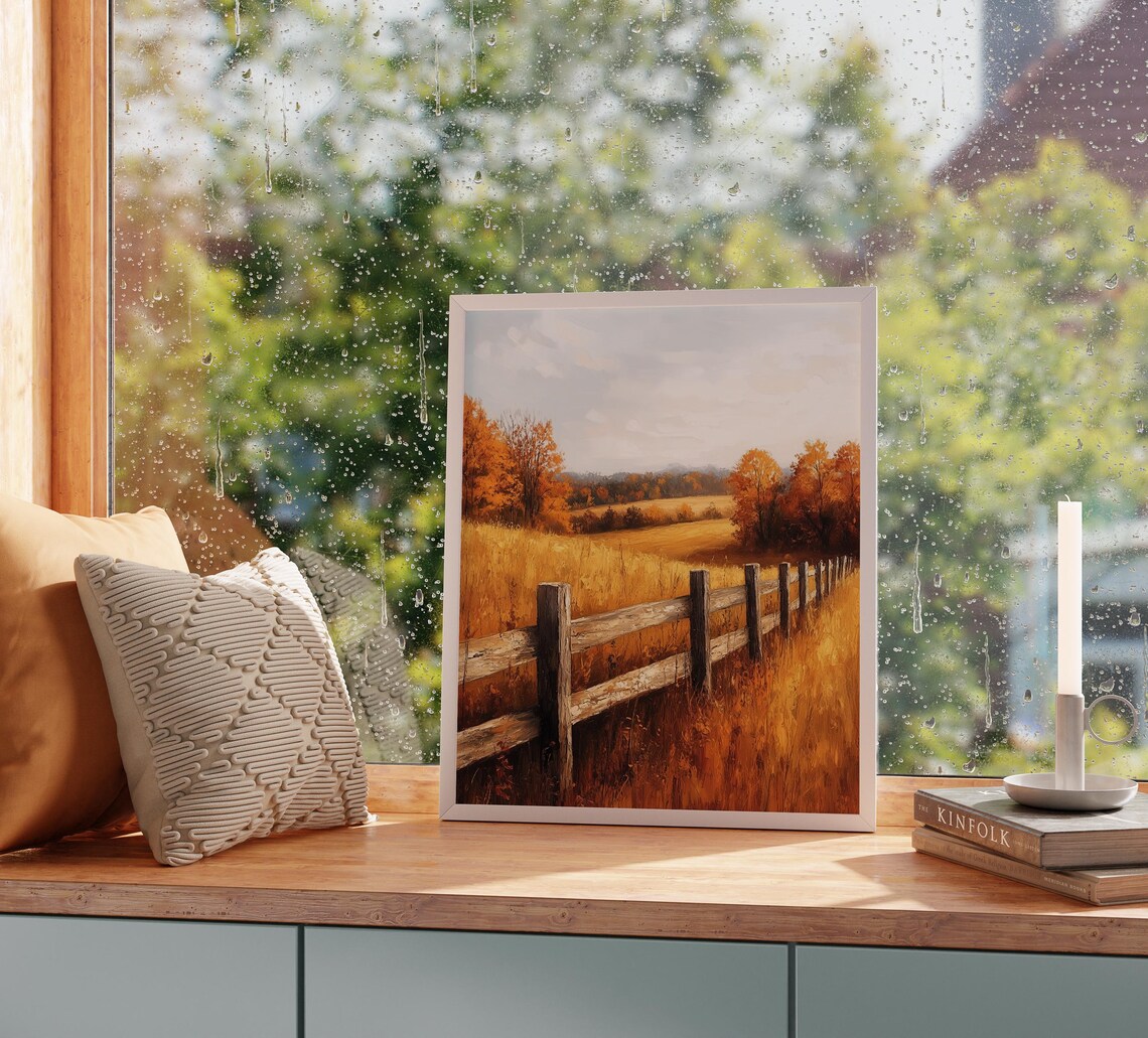Rustic Wooden Fence Winding Through Golden Autumn Field to Treeline Wall Art - Image 2