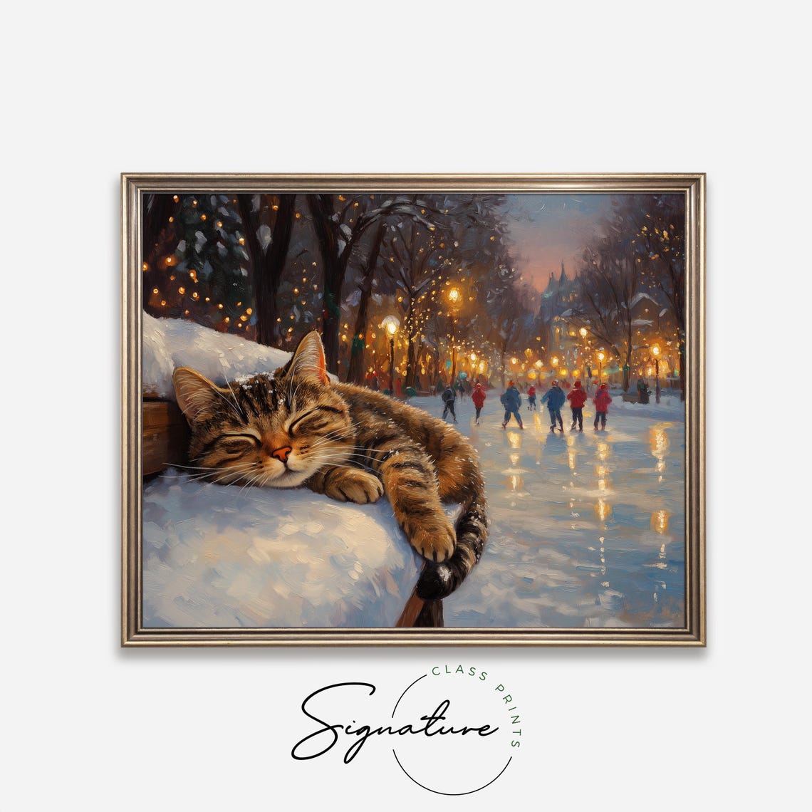 Sleeping Tabby Cat on Snowy Railing with Winter Ice Skaters Poster - Image 4