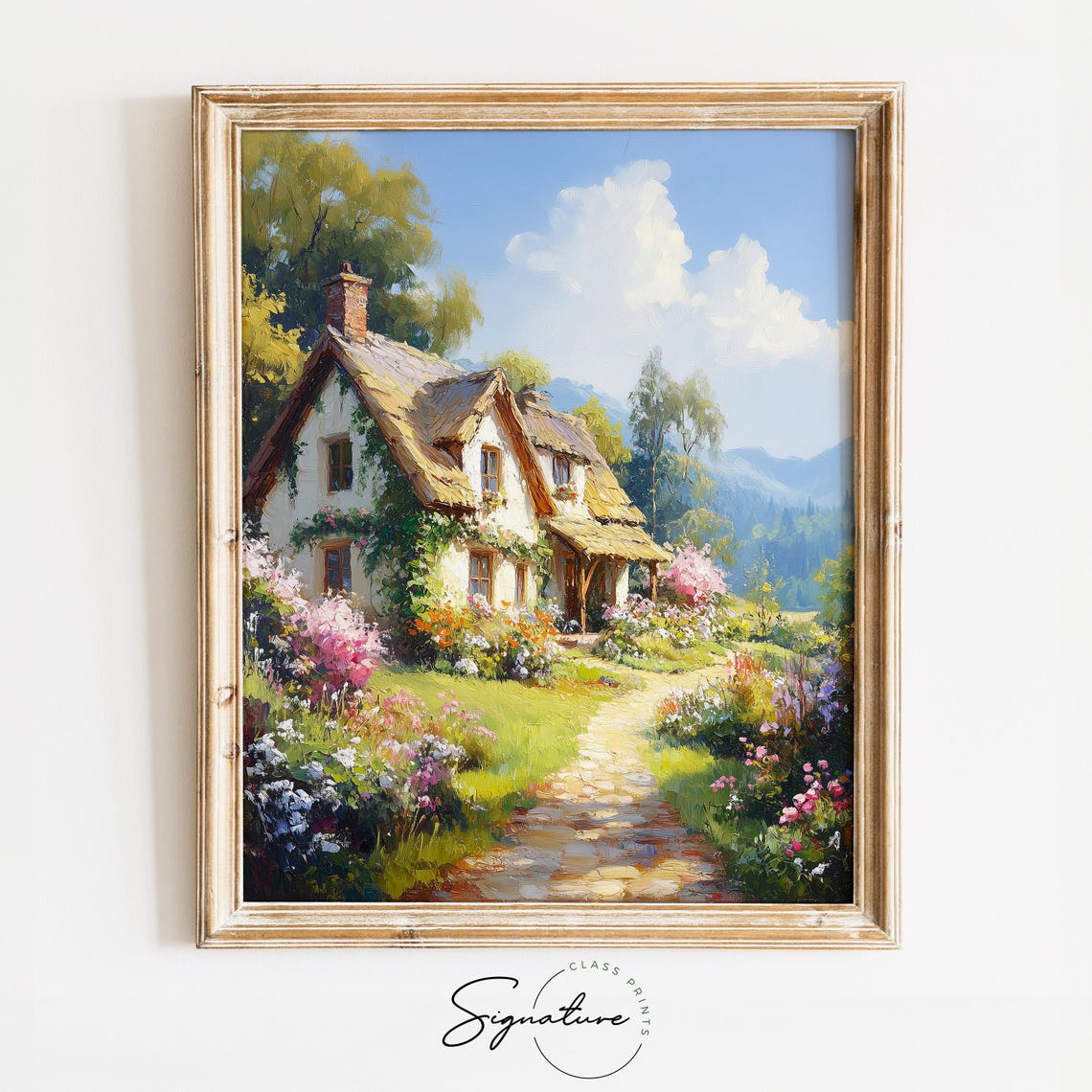 White Thatched Cottage Flower Garden Mountain View Summer Poster