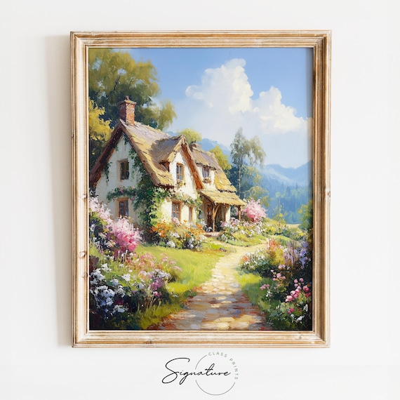 White Thatched Cottage Flower Garden Mountain View Summer Poster