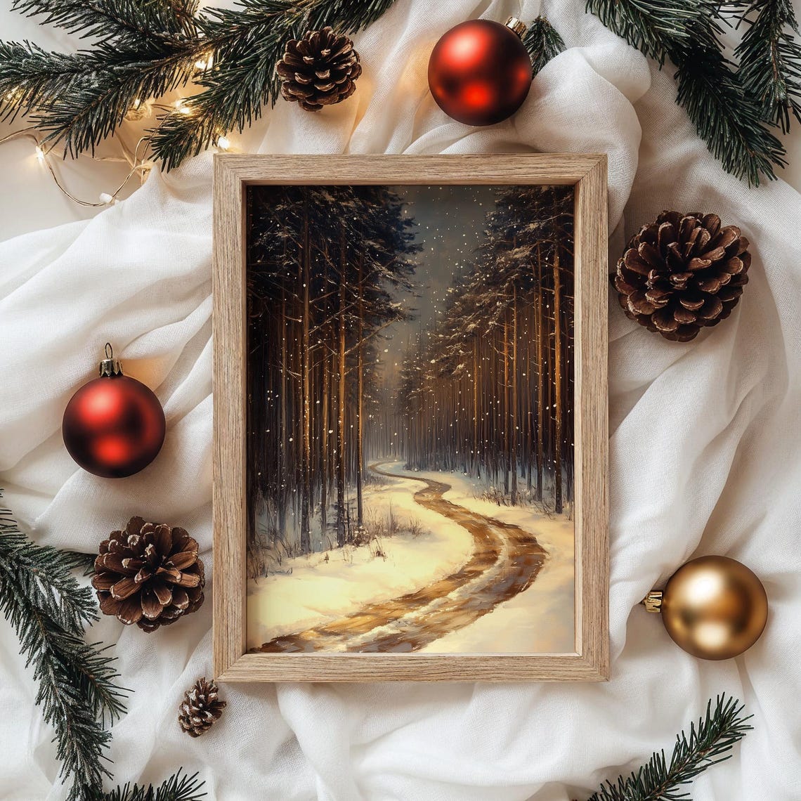 Snowy Forest Path at Night with Falling Snow in Dark Winter Poster - Image 4
