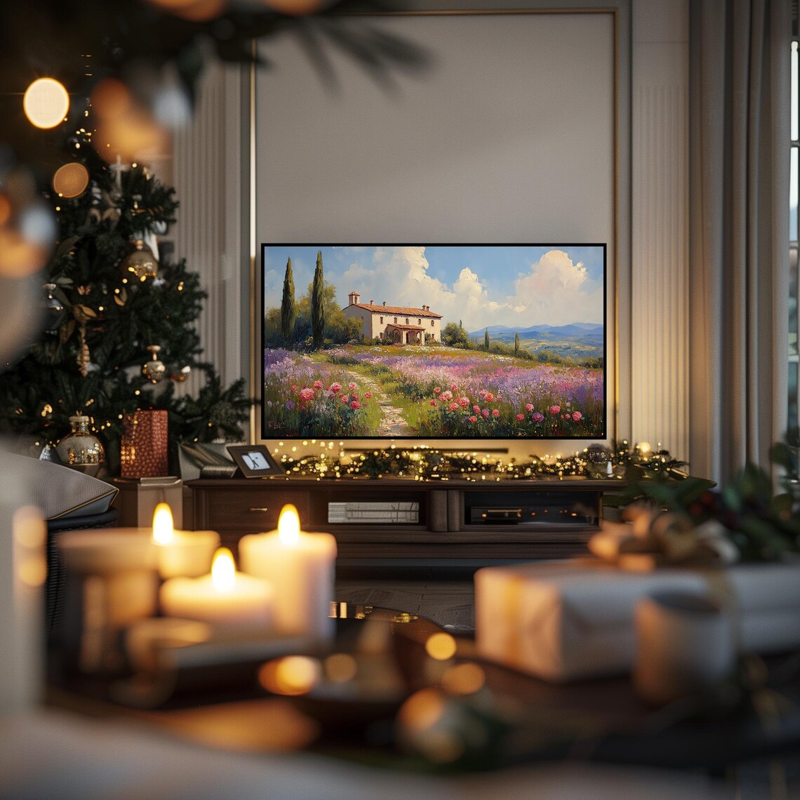 Italian Villa Flower Meadow Cypress Trees Countryside Landscape Poster - Image 3