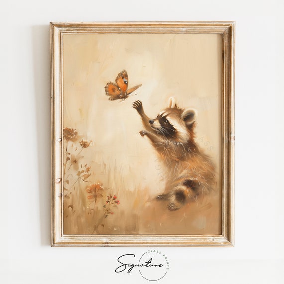 Enchanted Forest Raccoon Butterfly Art Nature Themed Wall Print Living Room Decor Whimsical Wildlife For Nursery 433