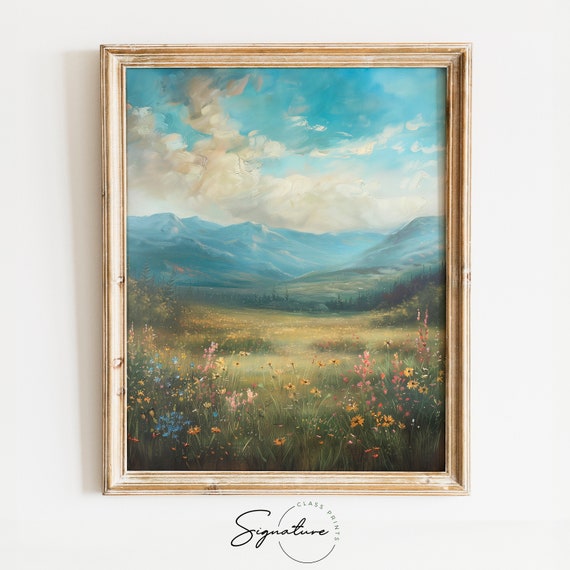 Whispering Winds Alpine Meadow And Mountain View Pastoral Landscape Wall Art Nature Escape Artwork Serene Home Decor 456