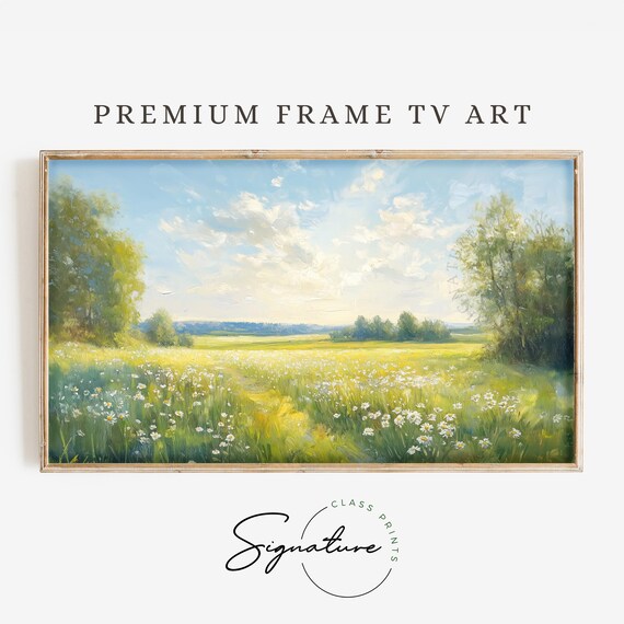 Spring Meadow Daisy Field Under Bright Blue Sky Landscape Poster