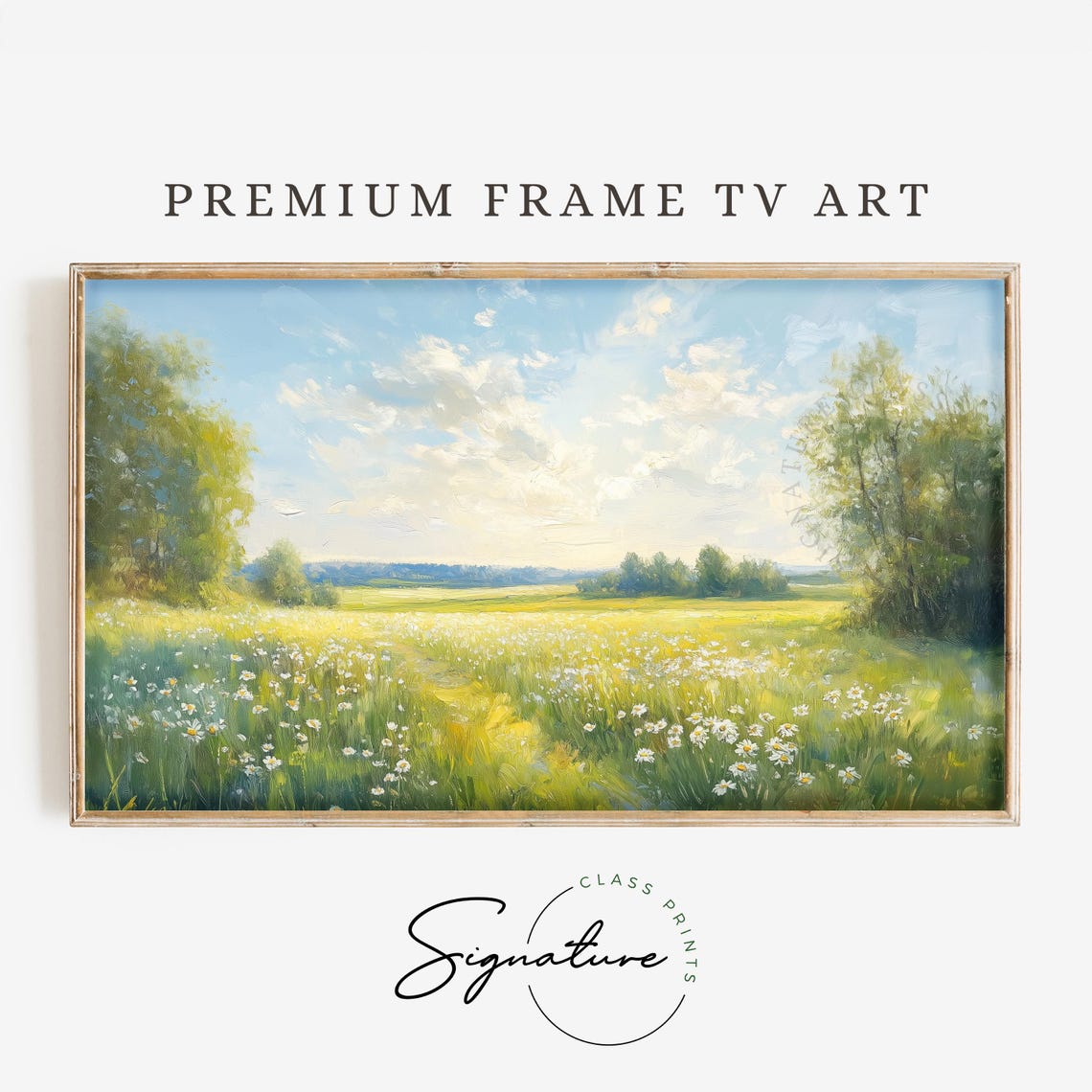 Spring Meadow Daisy Field Under Bright Blue Sky Landscape Poster