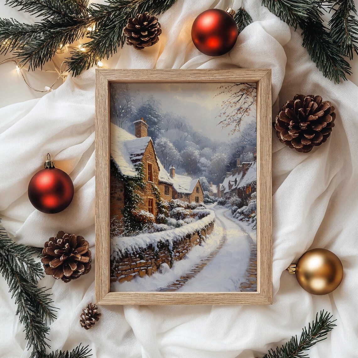Snowy Village Street with Stone Cottages and Chimneys Poster - Image 4