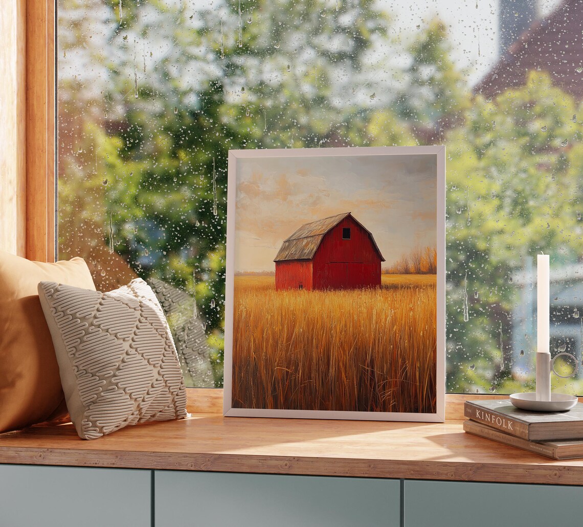 Red Barn Golden Wheat Field Oil Painting Farm Sunset Wall Poster - Image 2