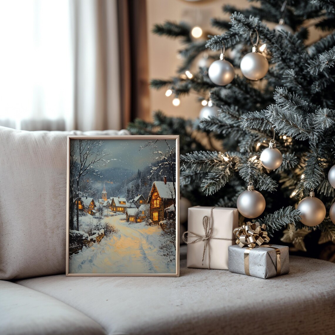 Winter Village Street With Falling Snow Art Print - Image 5