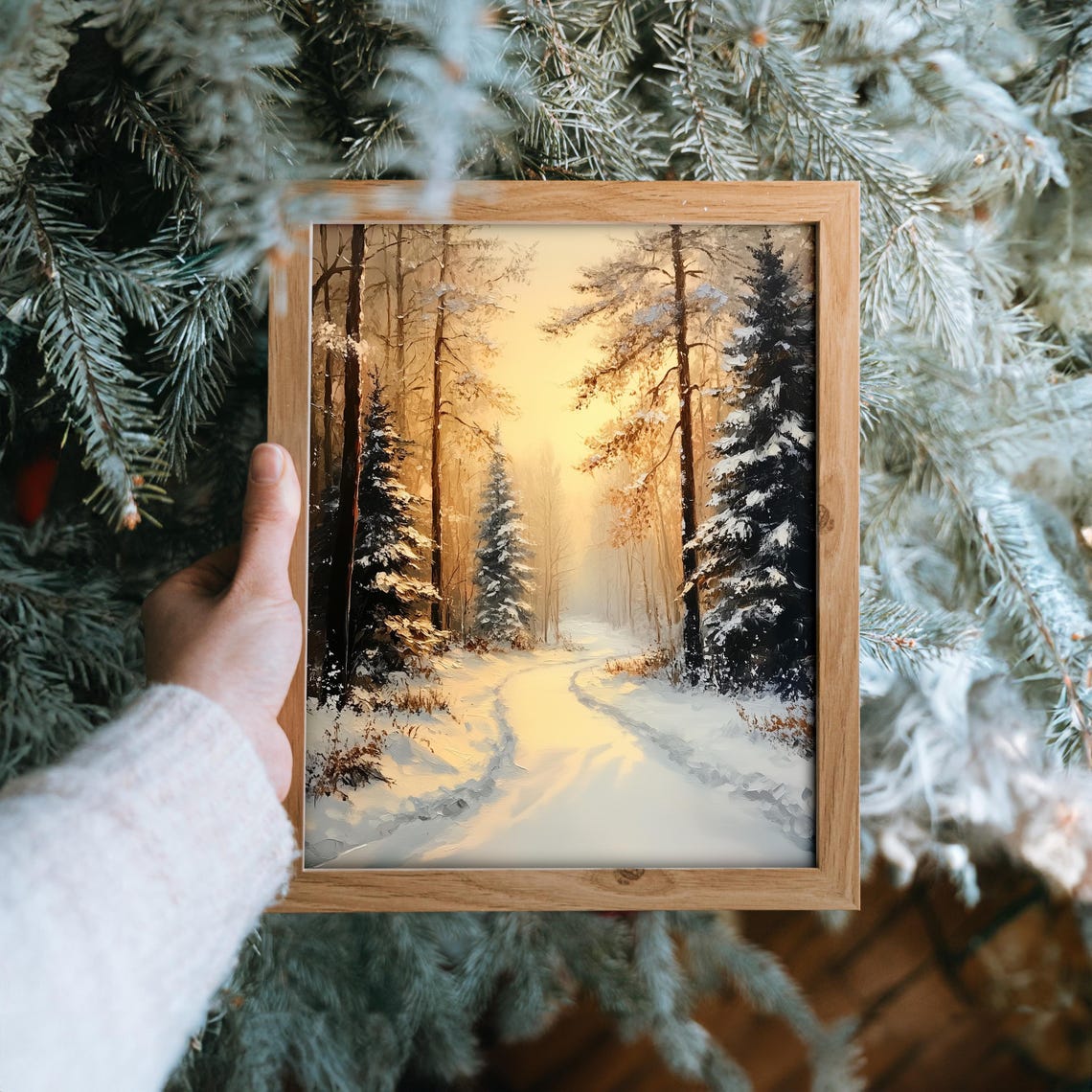 Golden Sunrise Lights Snowy Forest Path Winter Morning Poster - Image 6