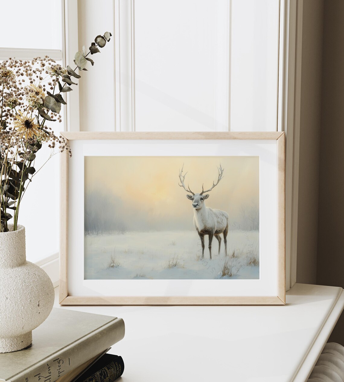 White Stag Standing in Snowy Field at Sunrise Winter Wildlife Poster - Image 6