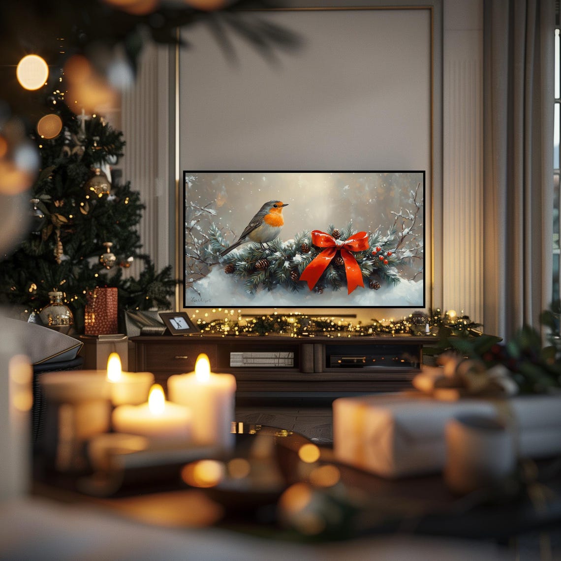 Robin on Snowy Evergreen Garland With Red Bow Christmas Bird Poster - Image 6