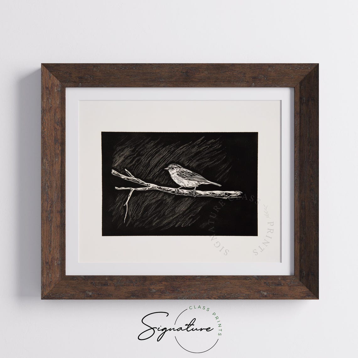 Songbird On Branch White On Black Textured Night Sky Art Poster - Image 5