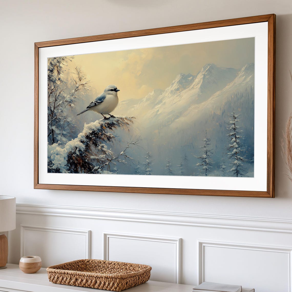 Small Winter Bird On Snowy Pine Branch Mountain Scene Poster - Image 2