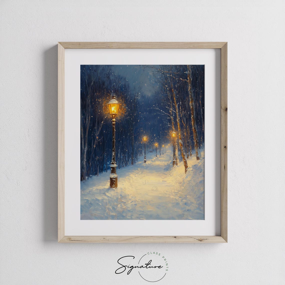 Snowy Night Park Path with Glowing Lampposts and Falling Snow Poster - Image 2