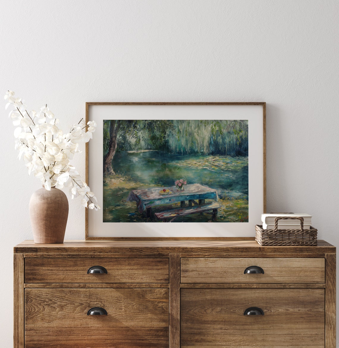 Picnic Table by a Willow Lined Lake Impressionist Summer Poster - Image 3