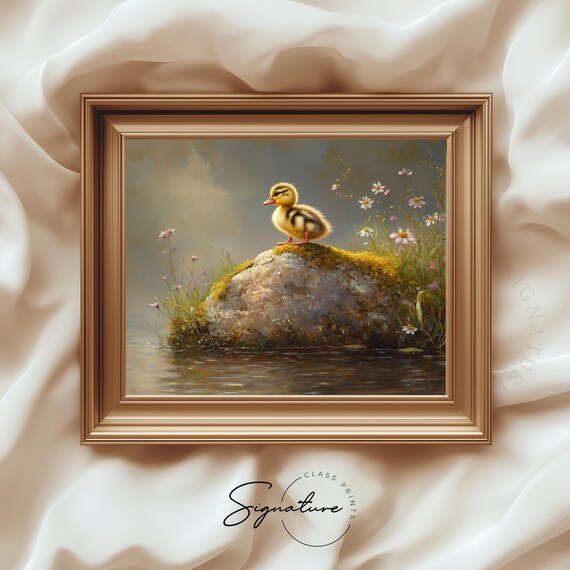 Duckling on Mossy Rock by Wildflower Pond Spring Nature Poster