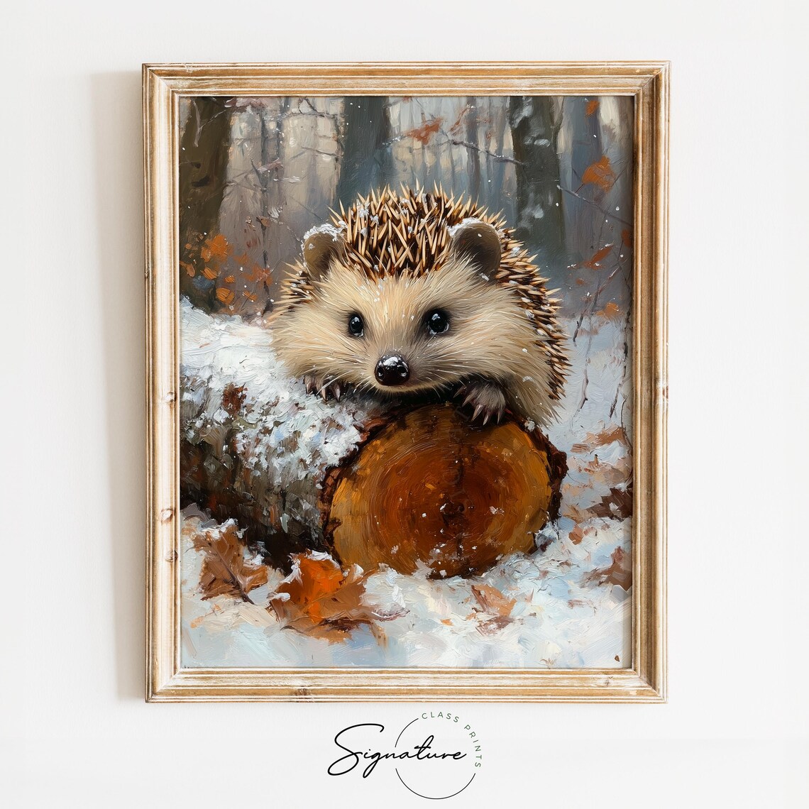 Cute Hedgehog Snowy Log Winter Woodland Forest Animal Oil Painting Poster
