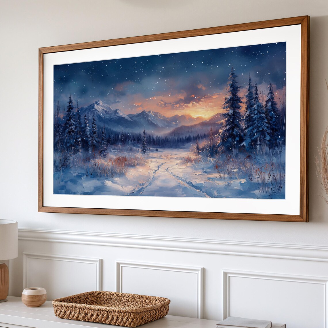Starry Night Sky Snowy Meadow Mountains Sunset Glow Pines Winter Poster - Image 2
