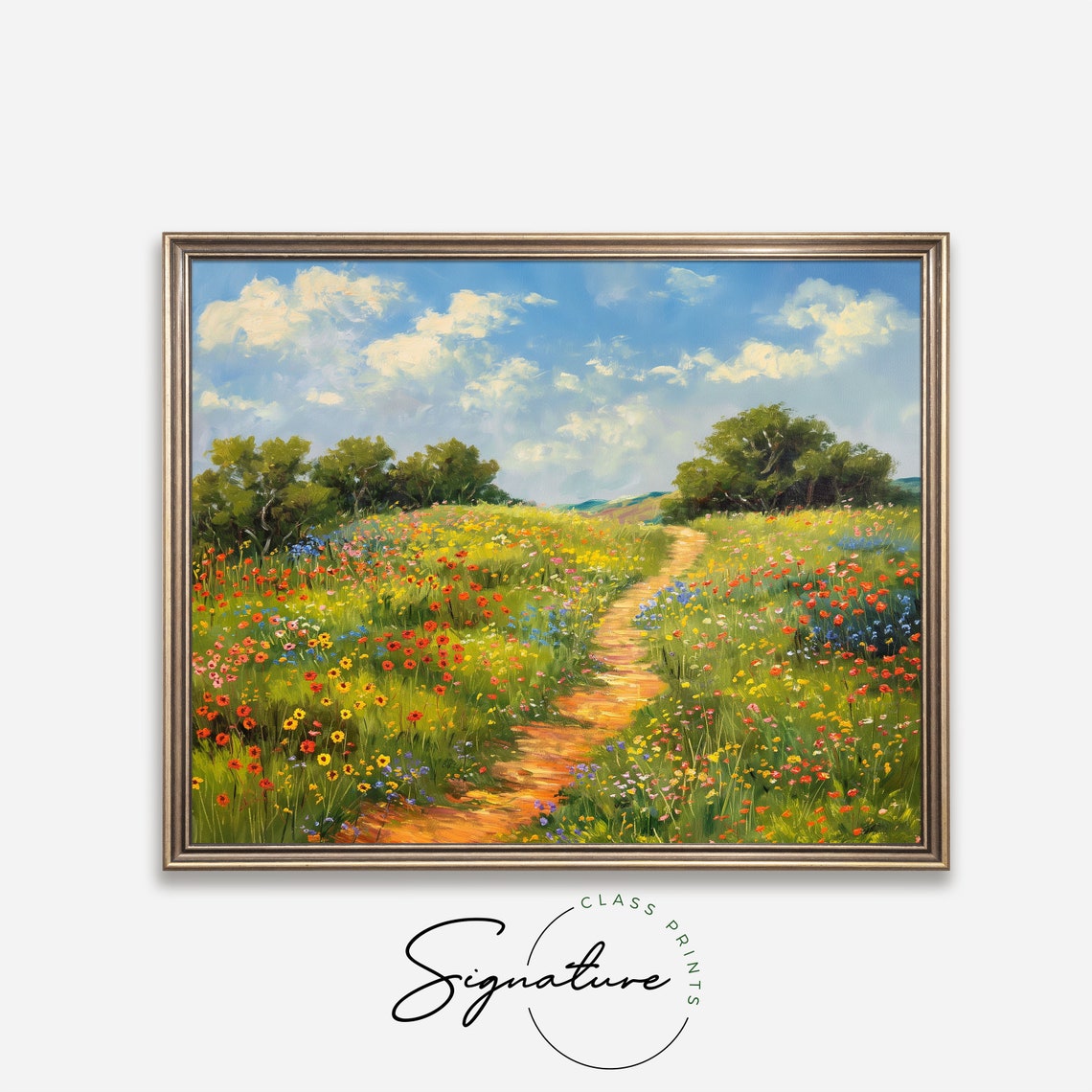 Sunny Wildflower Path Under Blue Sky Impressionist Meadow Poster - Image 4