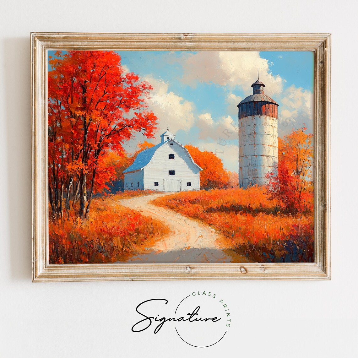 White Barn And Silo Surrounded By Fiery Red Autumn Trees Poster