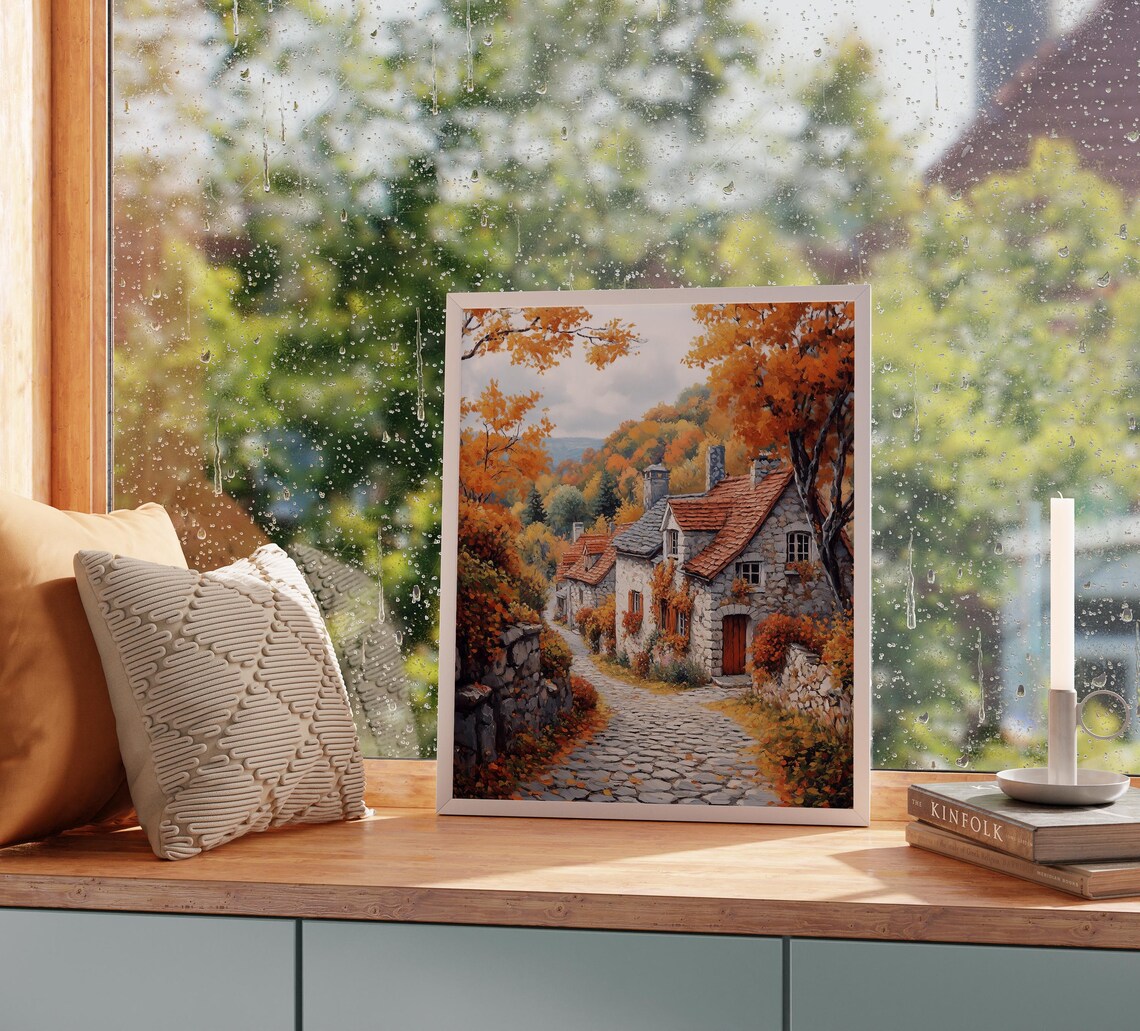 Autumn Stone Cottage Village Oil Painting Cobblestone Lane Poster - Image 2