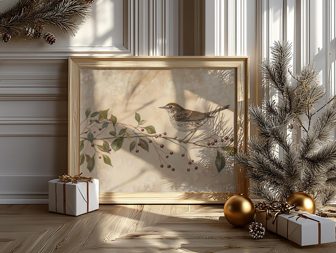 Hermit Thrush on Red Berry Branch Vintage Winter Bird Poster - Image 6