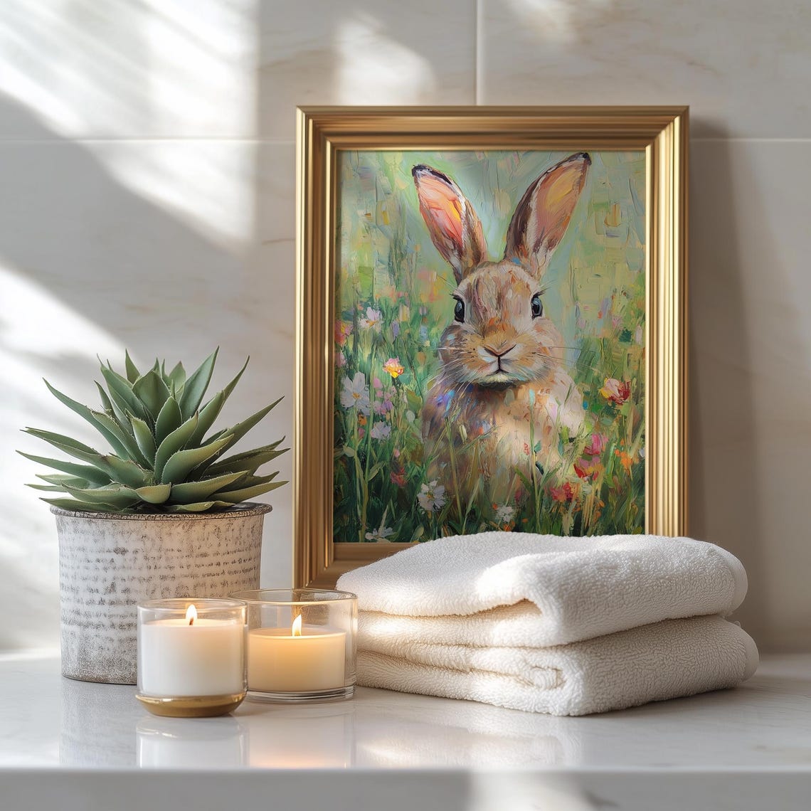 Spring Bunny In Wildflower Field Easter Rabbit Animal Painting Print - Image 3