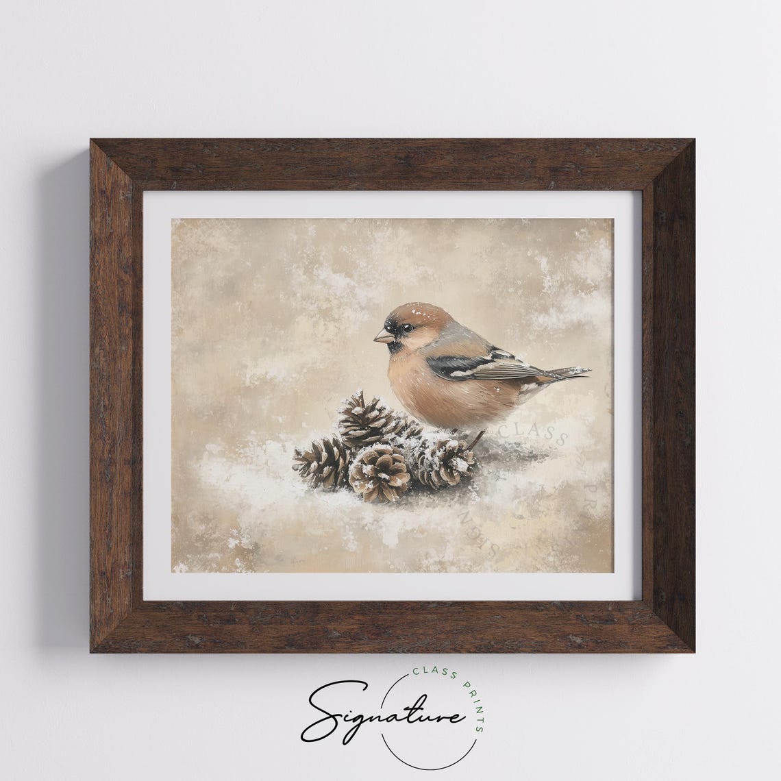 Chaffinch on Frosted Pinecones Rustic Winter Bird Painting Poster - Image 4