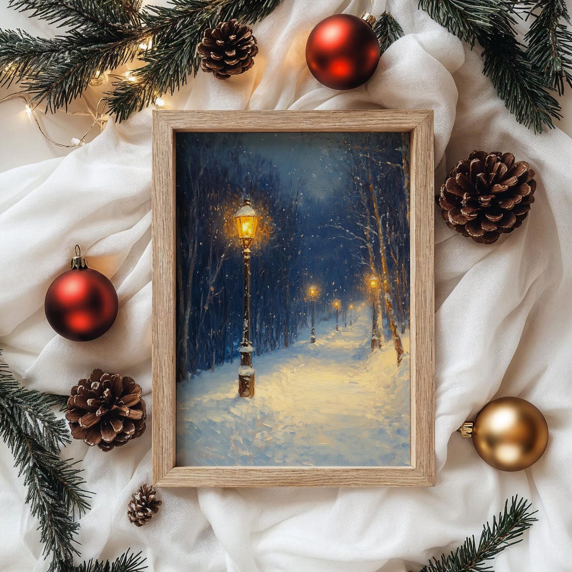 Snowy Night Park Path with Glowing Lampposts and Falling Snow Poster - Image 4