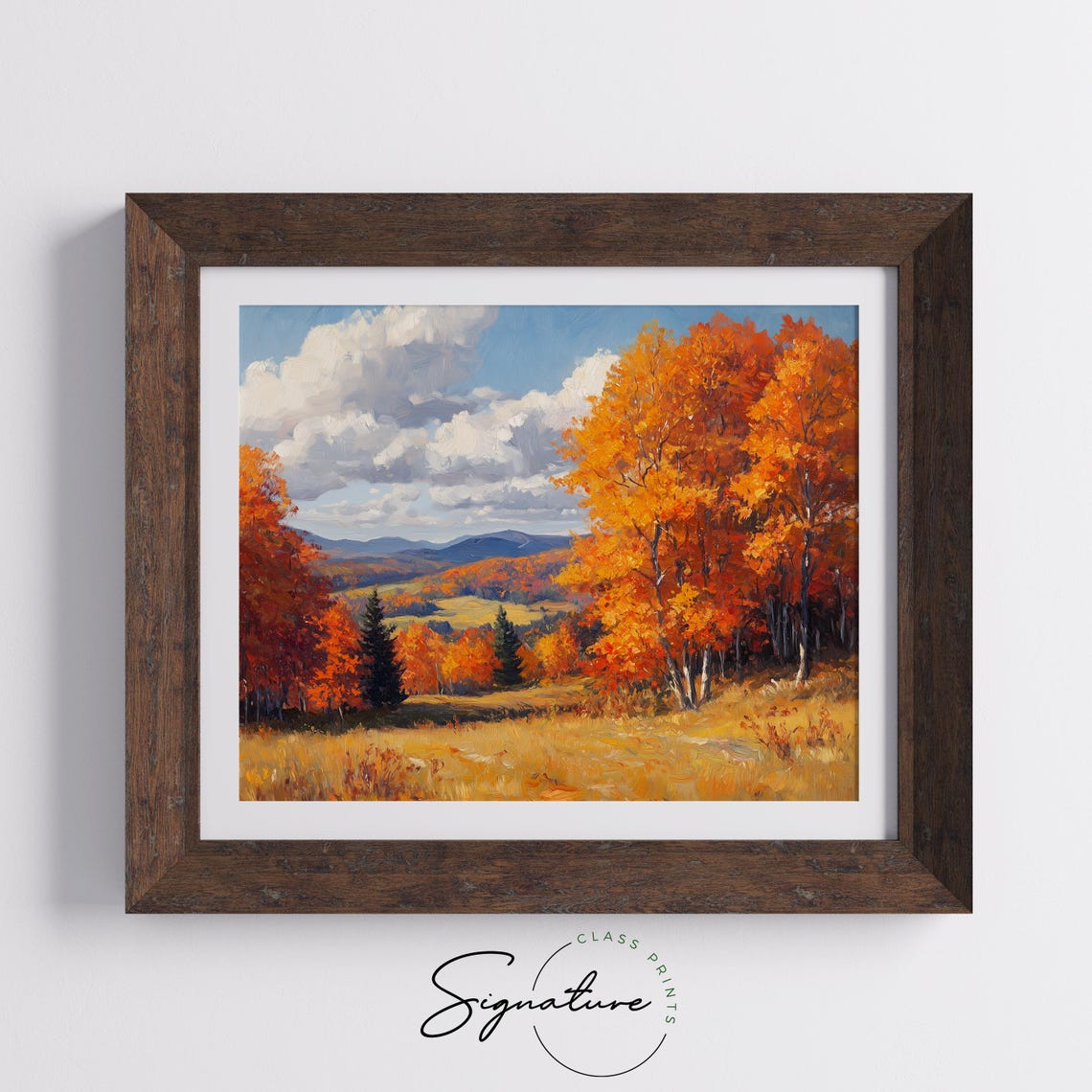 Golden Autumn Meadow With Birch Groves Against Mountain Peaks Poster - Image 5